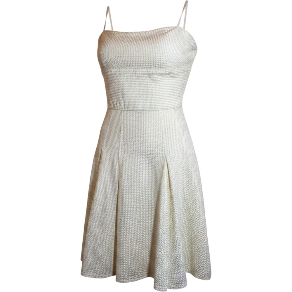 I.N. San Francisco White & Beige Seersucker Spaghetti Strap A-Line Dress